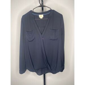 Maeve by Anthropologie blouse women's size 4 navy blue semi-sheer long‎ sleeve